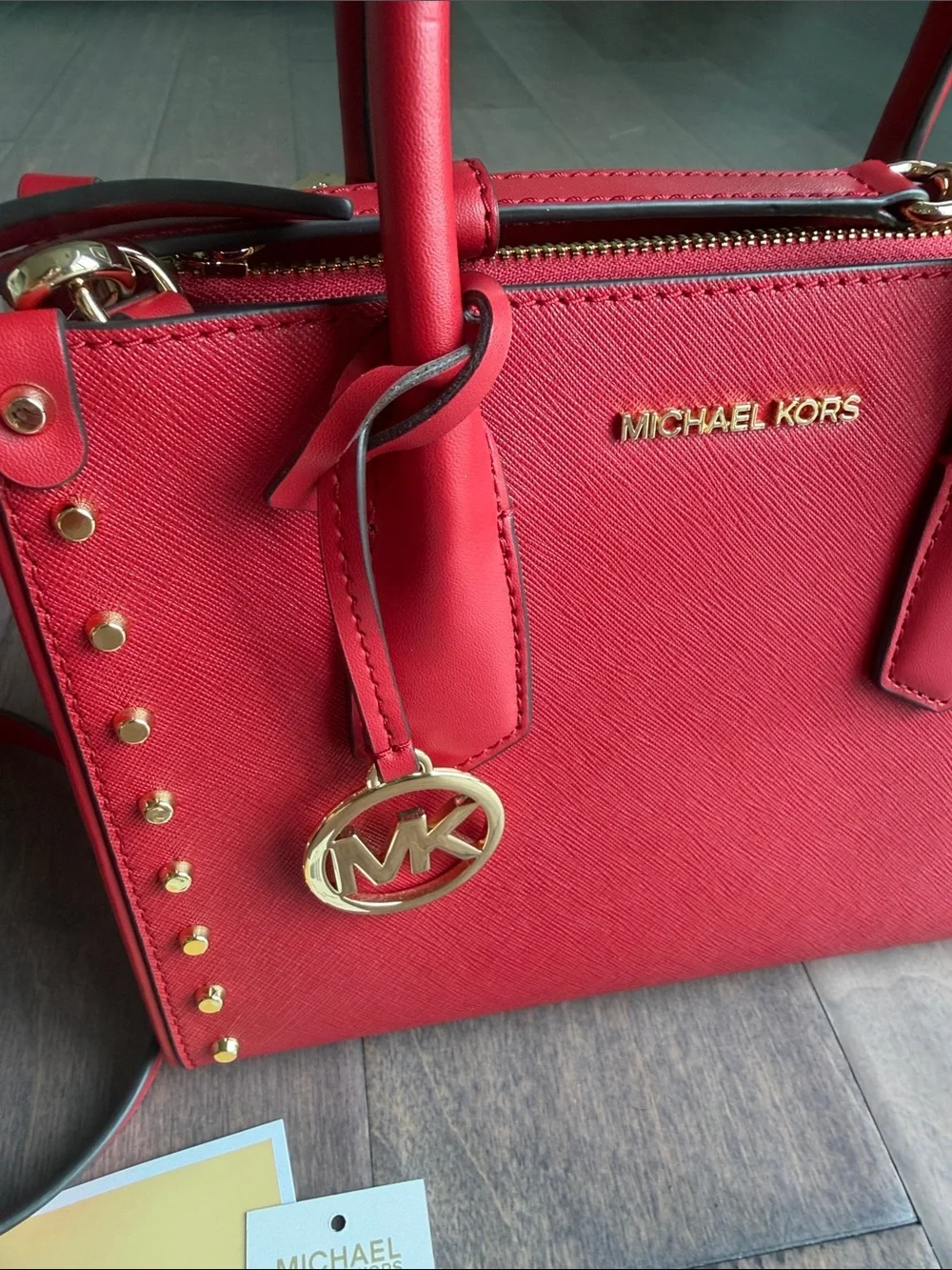 Michael Kors Red Saffiano Leather Studded Small Satchel